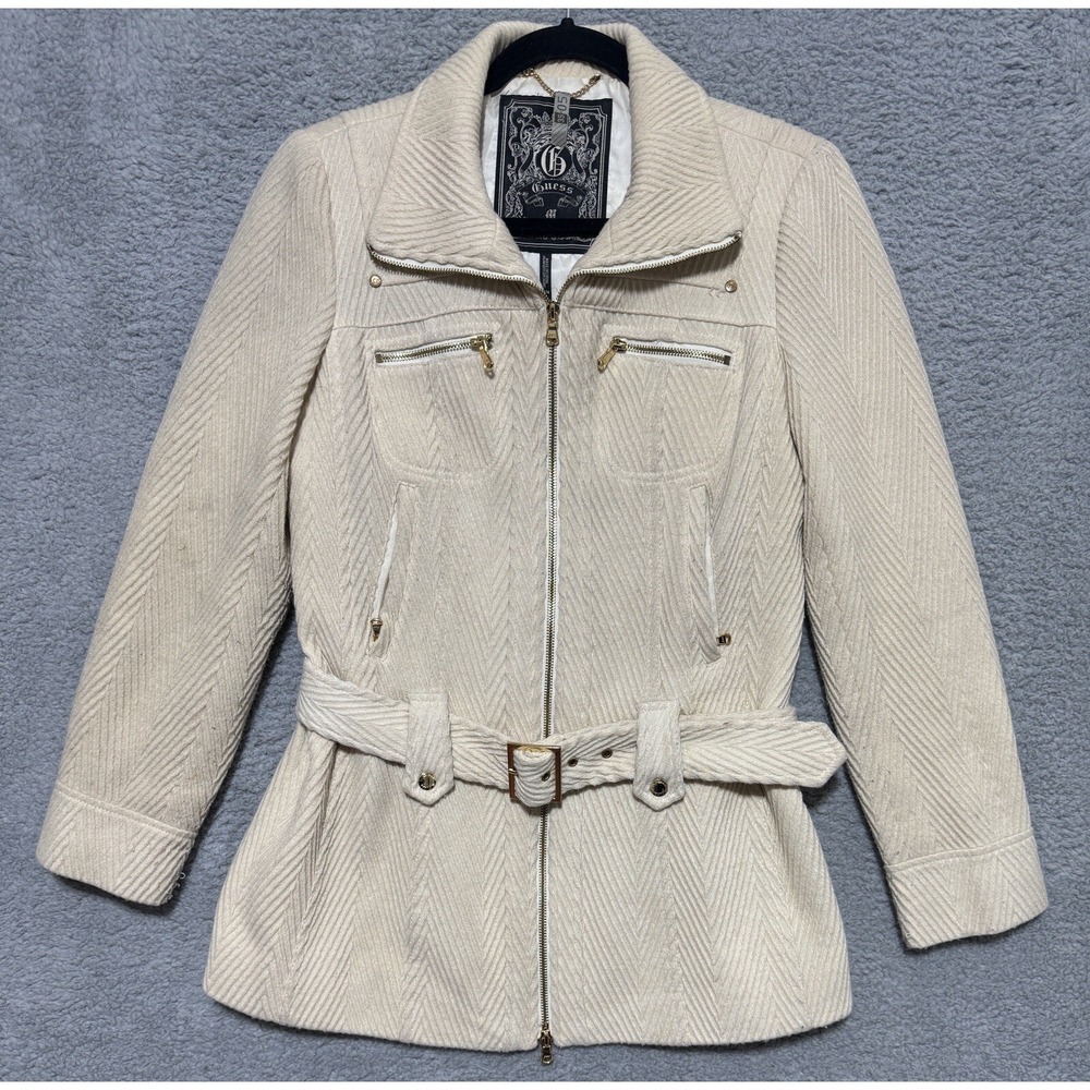 GUESS Womens Chevron Full Zip Wool Blend Belted Coat Size M Beige Corduroy